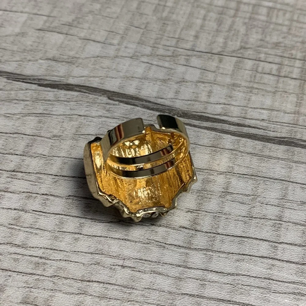 Gold Tone Ribbed Dome Statement Ring Clear Rhinestone Accent Adjustable Size 8.5